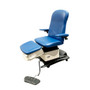 Midmark 646 power podiatry chair with blue upholstered seat and backrest, adjustable armrests, extendable leg section, and foot control pedal.