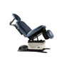 Blue Midmark 630 power procedure chair in reclined position.