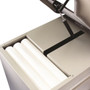 Close-up of Brewer exam table showing under-seat storage compartment with paper roll holders.