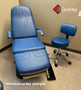Refurbished Midmark 417 with pacific blue upholstery, foot control, and a matching stool in a clinic room.