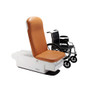Midmark 225 Barrier-Free Power Exam Chair with brown upholstery shown next to a standard black wheelchair, demonstrating accessibility for patients with mobility needs.