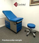 Midmark Ritter 104 refurbished examination table with blue upholstery and stool.