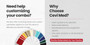 Cevi Med upholstery options with color swatches and service highlights.