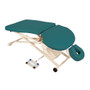 Green Oakworks PT400M Physical Therapy Table with ergonomic cutouts, adjustable face cradle, and foot pedal control on a white metal scissor-lift base with wheels.