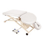 White Oakworks PT400M Physical Therapy Table with ergonomic cutouts, adjustable face cradle, and foot pedal control on a white metal scissor-lift base with wheels.