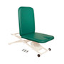 Oakworks PT150 Physical Therapy Table 2 in seated position with green upholstered cushions, face cutout, white scissor-lift base, wheels, and foot control.