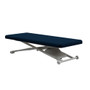 Oakworks PT100 Physical Therapy Table Rectangular Top with flat dark blue upholstered top and white metal scissor-lift base.