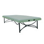 Light green Oakworks Storable Mat Physical Therapy Table with black aluminum frame, adjustable height, folding design, and dual face cradle ports.