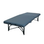 Blue Oakworks Storable Mat Physical Therapy Table with black metal frame, folding design, adjustable height legs, and dual face cradle ports.