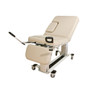 Oakworks women's imaging table with adjustable backrest, ergonomic padding, stirrups, and caster wheels, designed for OB/GYN and diagnostic procedures.