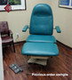 Refurbished MTI 525 with greeb upholstery, a foot control in a clinic room.