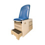 Brewer exam table with blue upholstery, pull-out step, and dual-side drawers.