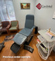Refurbished Midmark 647 with classic blue upholstery, and a foot control in a clinic room.