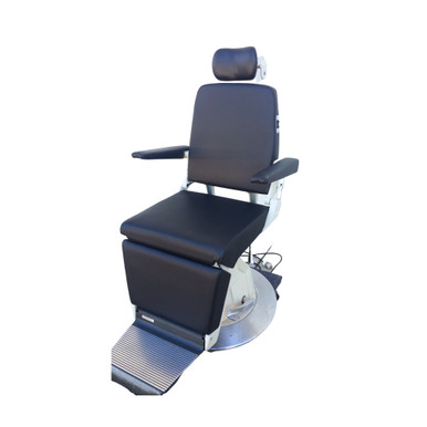 Black Reliance 880 exam chair with rectangular headrest, smooth black seat and backrest cushions, black armrests, flat footrest with horizontal grooves, and round silver base.