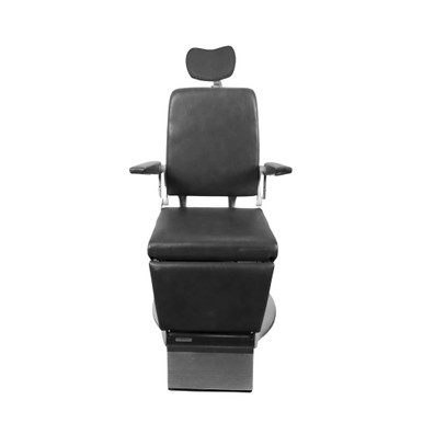 Reliance 880 exam chair with black vinyl upholstery, butterfly-shaped adjustable headrest, flat padded armrests, rectangular seat and back cushions, and ribbed metal footrest.