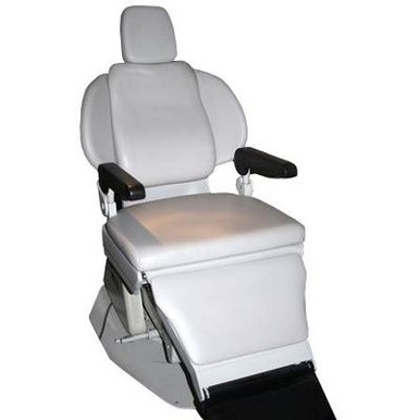 Jedmed Phoenix full power ENT chair with light gray upholstery, contoured backrest and seat, black padded armrests, adjustable headrest, and integrated footrest, positioned on a sturdy base, designed for medical examination and treatment.