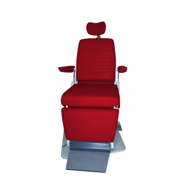 Reliance 6200H ENT exam chair shown from a front view, fully upright, with bright red ribbed vinyl upholstery, matching adjustable headrest, padded armrests, and metal footrest; chair base in neutral tones.