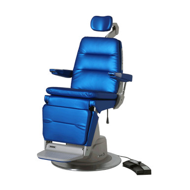 Reliance 980 ENT procedure chair in metallic blue upholstery with adjustable headrest, armrests, footrest, and a connected foot control on a circular base.