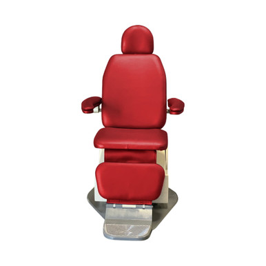 Front view of a red Global SMR MAXI 2700 exam chair with padded headrest, backrest, armrests, seat, and leg rest, featuring a metallic footrest.