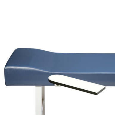 Close-up side view of the Ritter 203 treatment table with blue upholstered top and an extended white articulating armboard attachment.