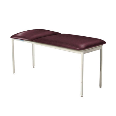 Brewer Element Treatment Table with burgundy cushioned surface and white metal frame, suitable for clinics, physical therapy, and wellness centers.