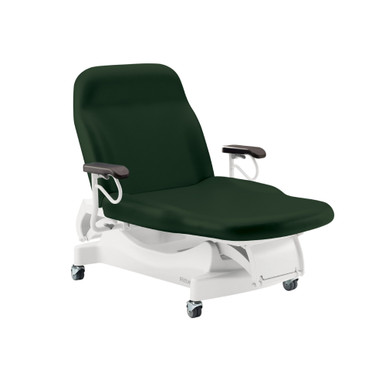Midmark Ritter 244 Barrier-Free power treatment table with dark green upholstery, white base, and armrests, equipped with caster wheels for mobility.