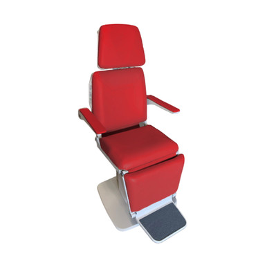 Side-angled view of a red Midmark 491 ENT exam chair with headrest, armrests, and footrest on a white base, isolated on a white background.