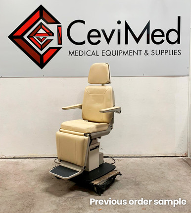 Beige Midmark 491 ENT exam chair with square headrest, armrests, and footrest.