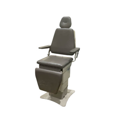 Gray MTI-424 tri-power exam chair with padded seat, backrest, armrests, and adjustable headrest, shown against a white background.