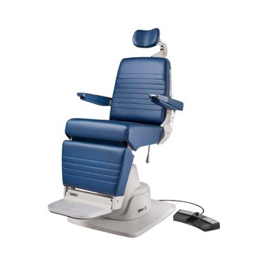 Reliance 7000 ENT exam chair with blue ribbed upholstery, articulating headrest, adjustable armrests, footrest, and foot pedal control, shown against a white background.