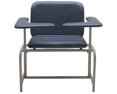 Graham-Field phlebotomy chair with blue upholstered seat, backrest, and contoured armrests, supported by a sturdy light gray metal frame.