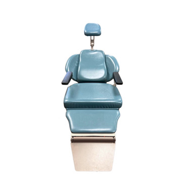 Jedmed N-Series exam chair in teal vinyl upholstery, fully reclined with contoured backrest and adjustable headrest, black padded armrests, wide cushioned seat, and metallic footrest.