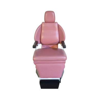 Jedmed N-Series exam chair with pink vinyl upholstery, contoured backrest and headrest, wide cushioned seat, black padded armrests, and rectangular black footrest.