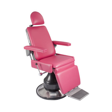 SMR Apex 2300 ENT chair with bright pink vinyl upholstery, adjustable headrest, reclining backrest, wide padded armrests, cushioned seat and leg section, mounted on a black and chrome circular base with a metallic footrest.