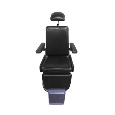 SMR Apex 2300 ENT chair with black vinyl upholstery, adjustable headrest, padded backrest, wide armrests, cushioned seat and leg rest, mounted on a circular base with a metal footrest.