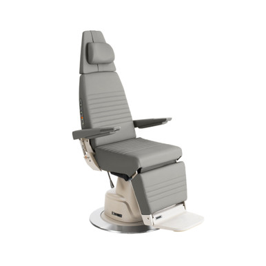 Reliance 710 gray upholstered ENT examination chair with an adjustable cushioned headrest, sleek armrests, ribbed backrest and seat, adjustable footrest, and mounted on a sturdy beige and chrome base.