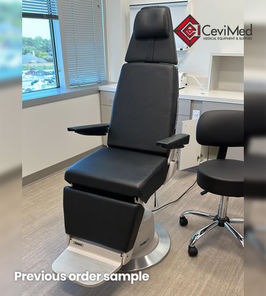 Black upholstered Reliance 710 ENT examination chair with tall backrest and contoured headrest, adjustable armrests, footrest, and mounted on a round chrome and beige base, placed in a modern medical exam room.