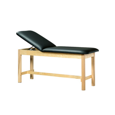 Black padded treatment table with adjustable backrest and natural wood frame, featuring a sturdy open shelf design, ideal for medical exams or therapy sessions.