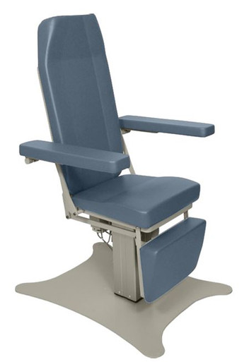 Gray and blue power phlebotomy/ENT chair with padded seat, backrest, armrests, and footrest, supported by a wide stable base and designed for patient comfort during medical procedures.