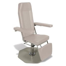 Beige medical exam chair with padded seat, backrest, armrests, and footrest, mounted on a round, stable metal base for use in ENT or phlebotomy procedures.