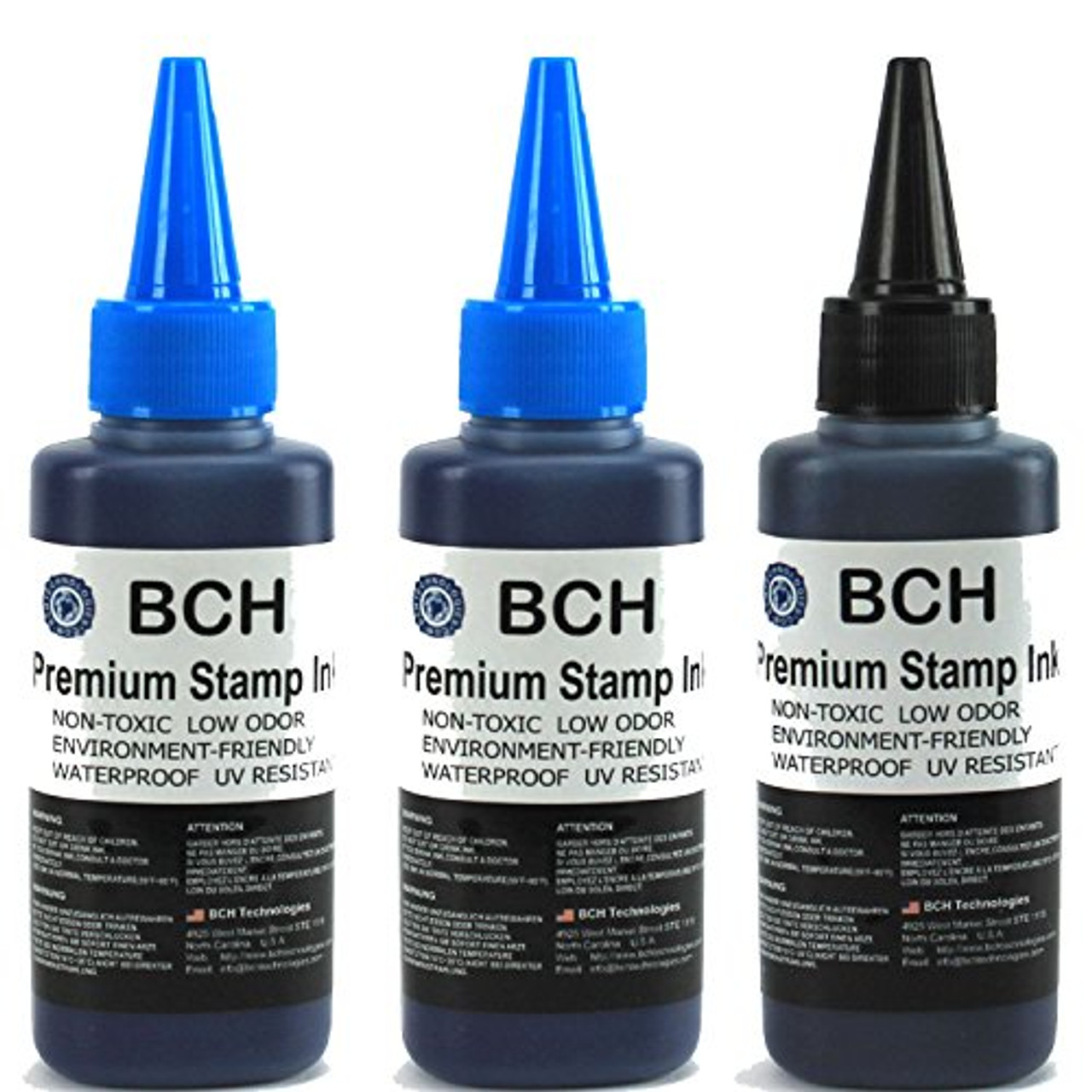 2X Blue + 1X Black Stamp Ink Refill by BCH - Premium Grade -2.5 oz