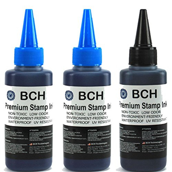 2X Black+ 1X Blue Stamp Ink Refill by BCH - Premium Grade -2.5 oz (75 ml)  Ink Per Bottle (7.5 oz / 225 ml Total) - BCH Technologies