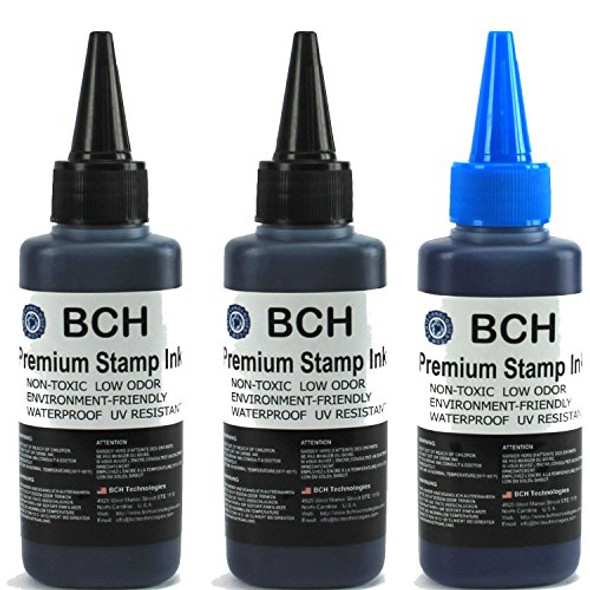 2X Black+ 1X Blue Stamp Ink Refill by BCH - Premium Grade -2.5 oz (75 ml) Ink Per Bottle (7.5 oz / 225 ml Total)