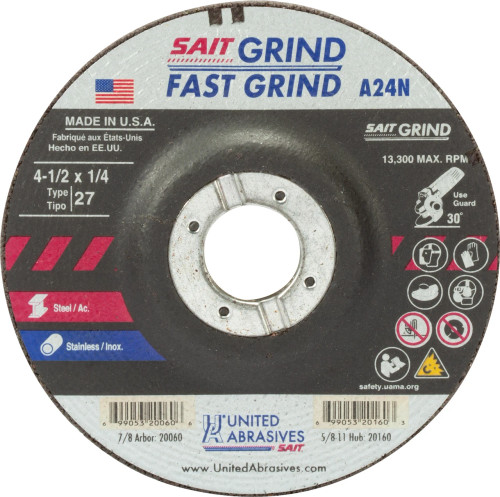 United Abrasives SAIT 20060, Grinding Wheel, 4-1/2" x 1/4" x 7/8", Type-27 A24N, 25/box