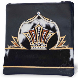 Supreme Nobility, Decorative Style Tallis / Tefillin Bag, Black Leather/ Black and White Fur, Gold Embroidery 