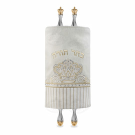 Fur and Velvet Torah Mantle - Style 378 -White and Gold