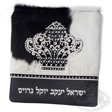 Imperial Design, Decorative Style Tallis / Tefillin Bag, Black Leather /Black & White Fur, Silver Embroidery