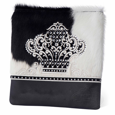 Imperial Design, Decorative Style Tallis / Tefillin Bag, Black Leather /Black & White Fur, Silver Embroidery