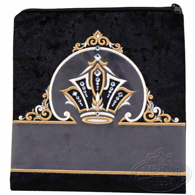 Classic Elegance, Decorative Style Tallis / Tefillin Bag, Black Crushed Velvet/ Grey Velvet