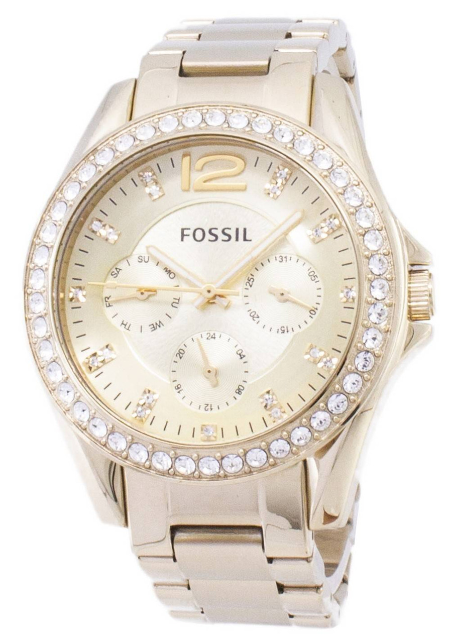 Fossil Riley Multifunction Gold Tone Crystal Dial ES3203 Women's